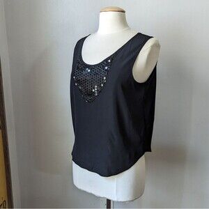 Vintage Black Sleeveless Tank Top with Sequin Chest Detail Size L